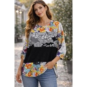 Calessa Floral Lace Print Blouse Women's L 3/4 Sleeve Stretch‎ Boho Chic